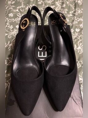 Jones New York Black Suede Slingback Mules with Gold Buckle